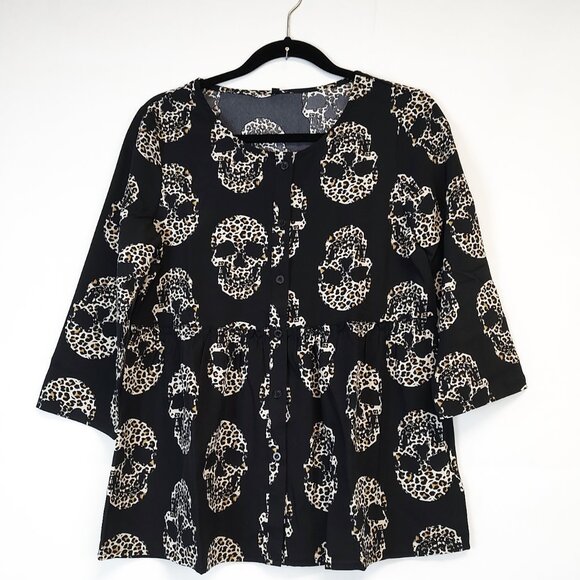 Fun Flowy Black and Leopard Print Skulls Blouse - Fashion Forward Goth Shirt - Picture 1 of 3